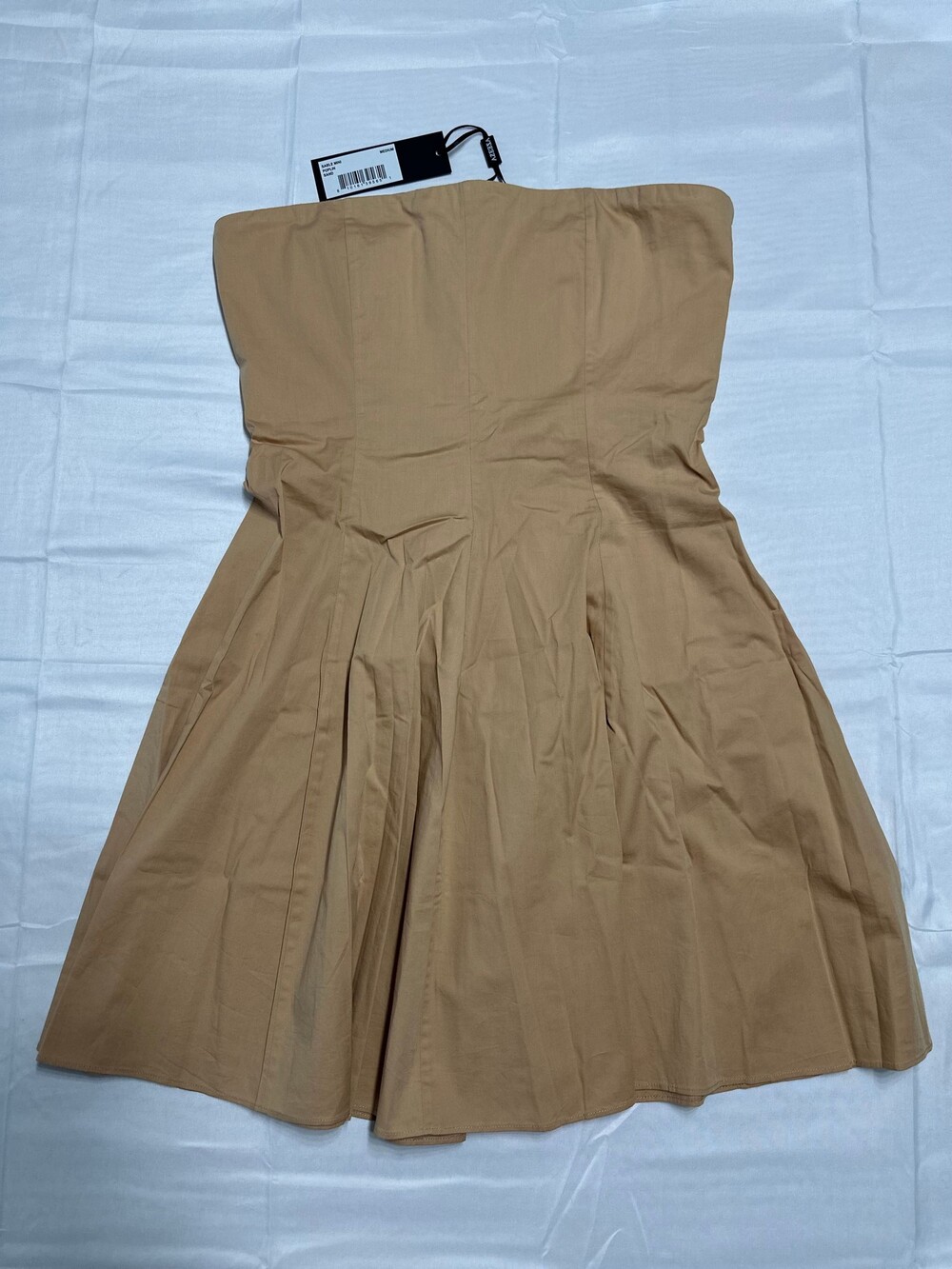 Azeeza Sable Mini Poplin Dress NWT Medium Sand Strapless Pleated Corset